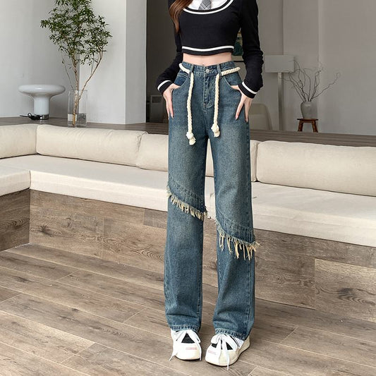 High-Waisted Floor-Length Worn-Out Look Retro Patchwork Jeans