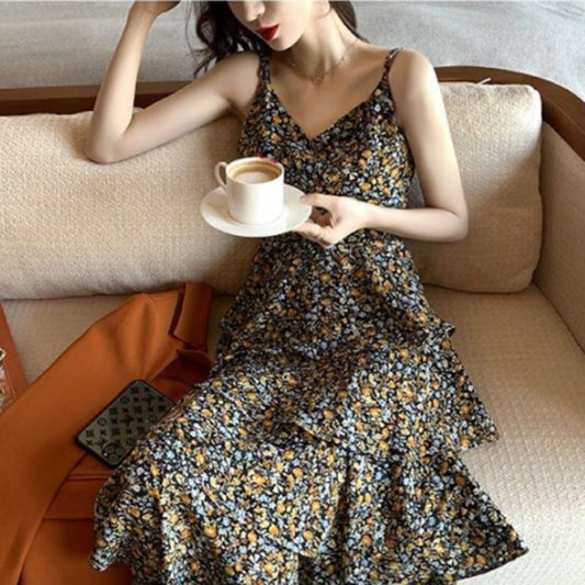 فستان فرنسي سوبر فيري بتصميم زهور كامي وقماش شيفون