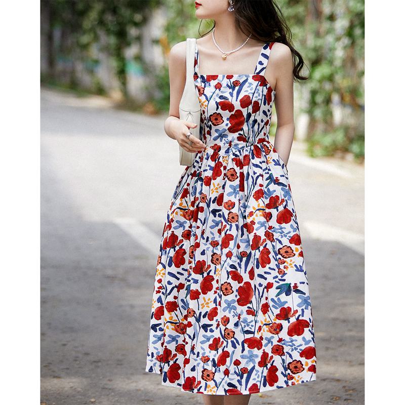 Ärmelloses Midi-Kleid aus Baumwolle mit Retro-Print und eckigem Ausschnitt