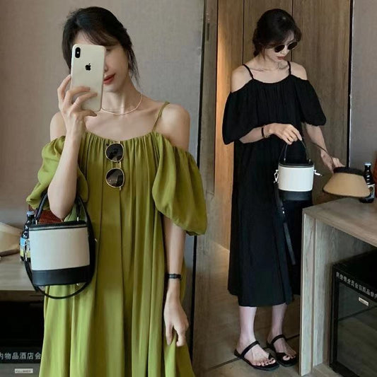 French Style Off-Shoulder Green Loose Fit Dress
