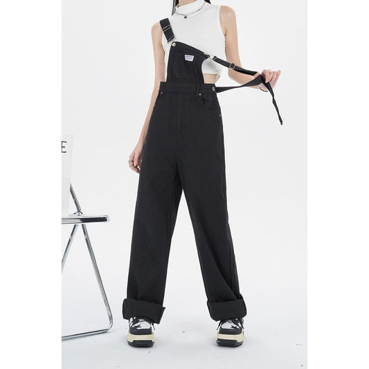 Loose Fit Straight Leg Black Color High-Waisted Denim Overalls