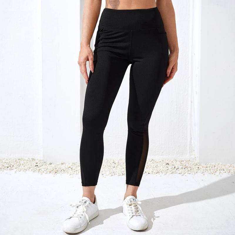 High-Waisted Yoga Solid Color Mesh Tight-Fitting Sports Fitness Running Patchwork Side Sports Leggings