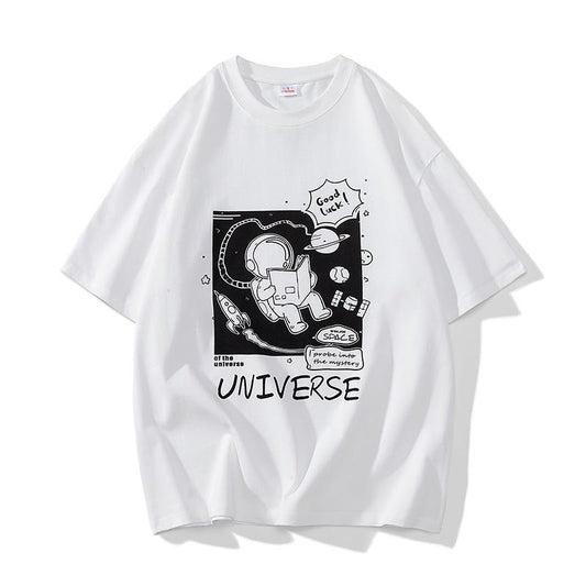 Camiseta de manga corta de algodón puro con estampado versátil de astronauta, ajuste holgado y cómodo.