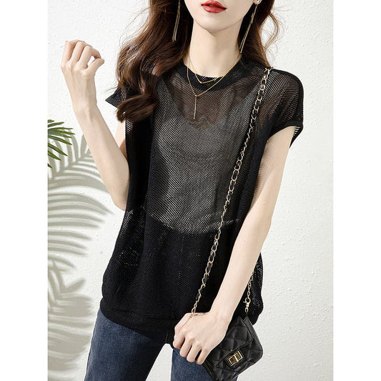 Loose Fit Hollowed-Out Knitted Round Neck Casual Slightly Transparent Mesh Top