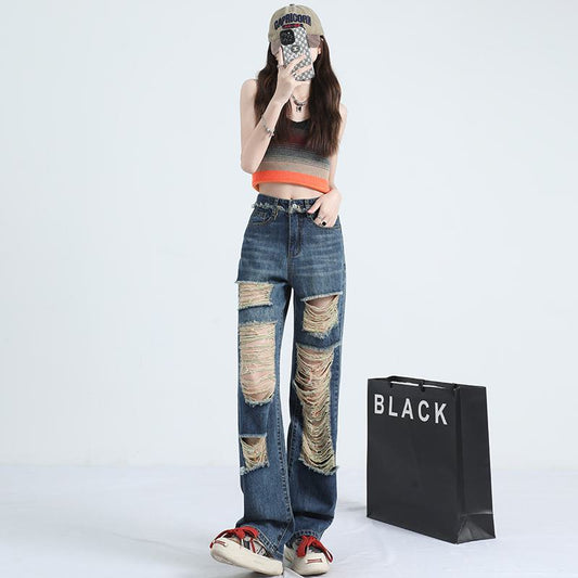 Thin Slimming Floor-Length Distressed Straight Jeans
