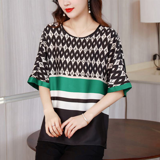 Round Neck Print Batwing Sleeve Pullover Thin Loose Fit Mulberry Silk Short Sleeve Tee