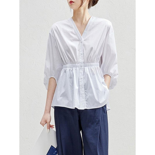 Versatile Chic V-Neck White Lantern Sleeve Chiffon Cinched Waist Shirt