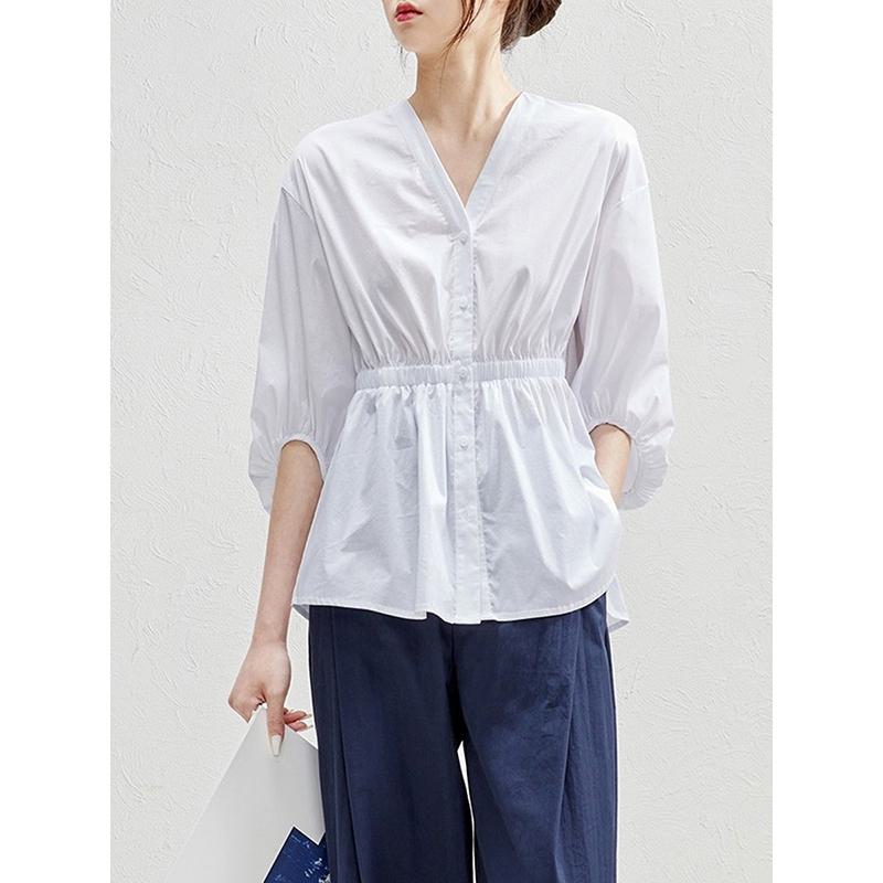 Elegante Blusa de Chifón de Manga de Linterna Blanca con Cintura Ajustada y Escote en V