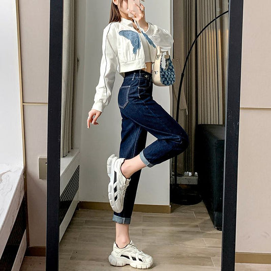 Cropped High-Waisted Harem Loose Fit Carrot Straight Jeans