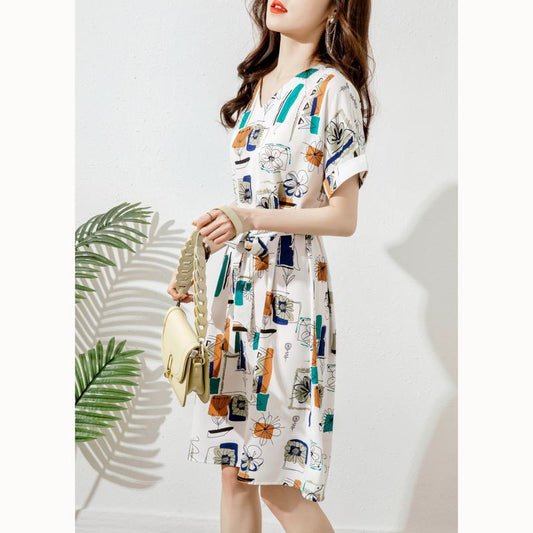 Cinched Waist Slimming Print Geometric Chic French Style Dress