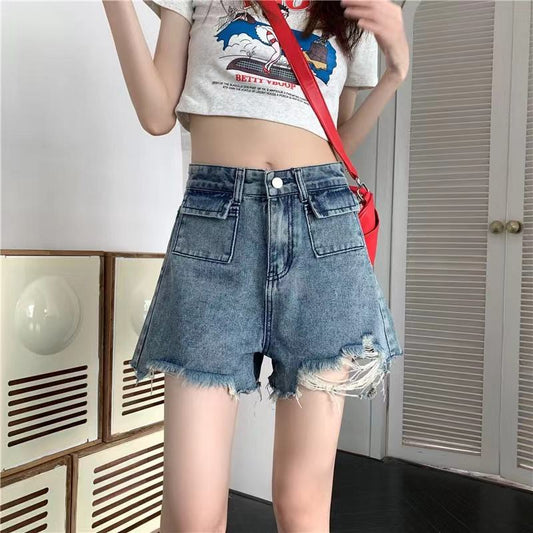 Distressed Frayed Edge Denim Blue Slimming High-Waisted Worn-Out Look Shorts.