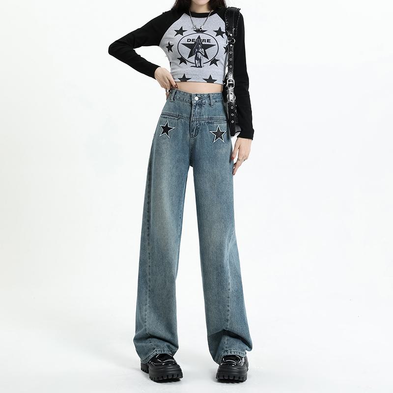 Slimming Wide-Leg Loose Fit Straight High-Waisted Embroidery Jeans