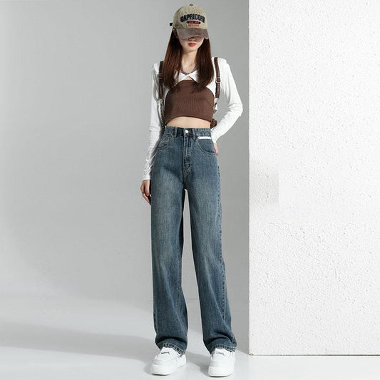 High-Waisted Floor-Length Retro Straight Wide-Leg Jeans