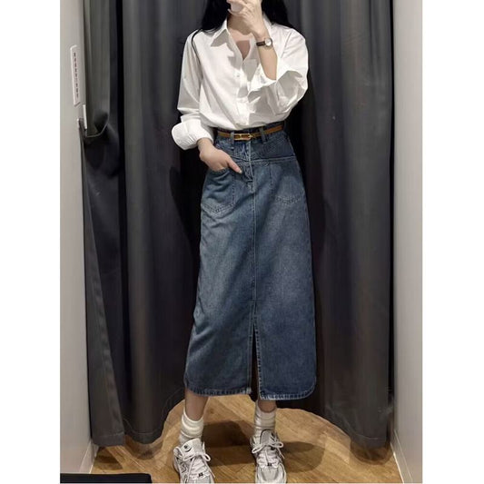 Plus Size High-Waisted Split Hem Slimming Retro Midi Denim Skirt