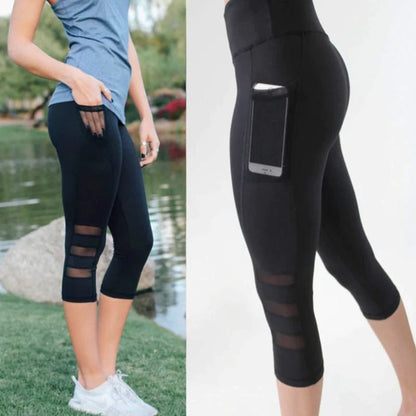 Leggings deportivos de yoga con bolsillo elástico y malla para correr y hacer ejercicio.