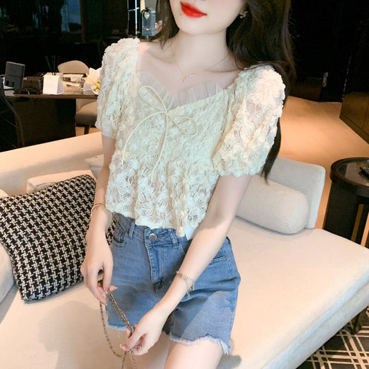 Embroidery Mesh Fairy Flower Lace Blouse