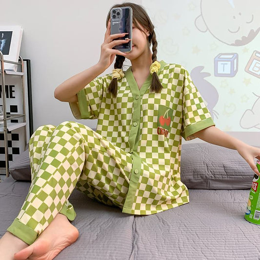 Conjunto de pijama de algodón a cuadros con botones delanteros y estampado de cerezas