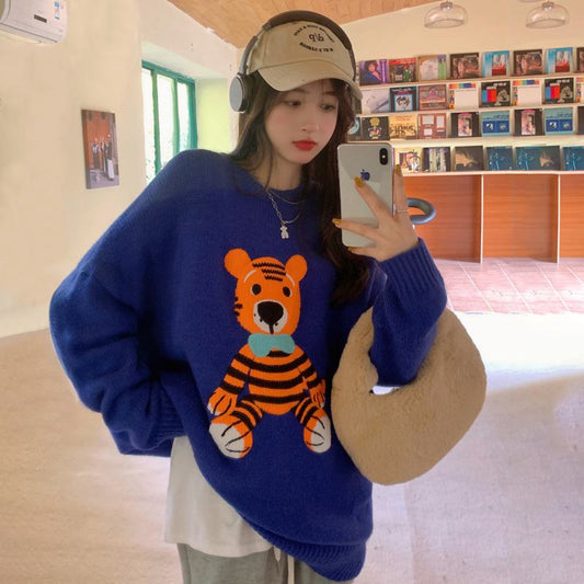 Cartoon Pullover Round Neck Thickened Little Tiger Loose Fit Sweater