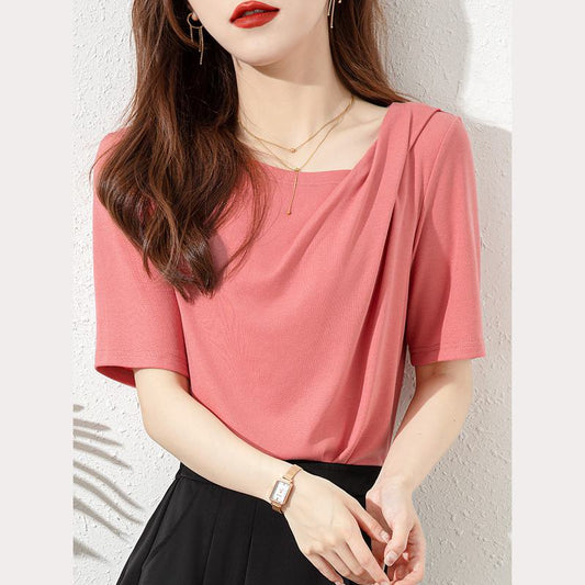 Camiseta de manga corta plisada de estilo sencillo y versátil en color liso elegante