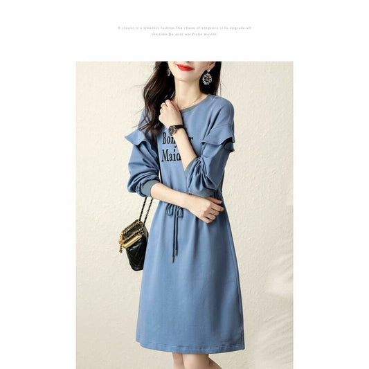Cinched Waist Ruffle Hem Letter Drawstring Anti-Aging Simplicity Casual Chic Dress