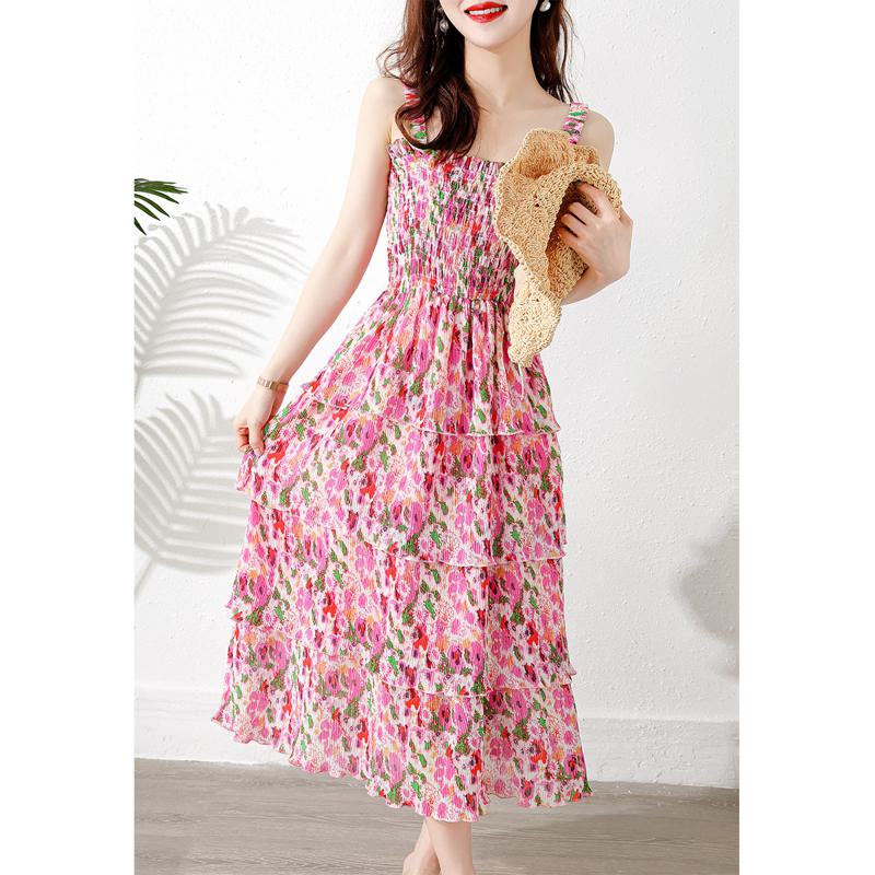 فستان وردي فاخر خفيف مزخرف بتصميم زهور متعدد الطبقات للعطلات