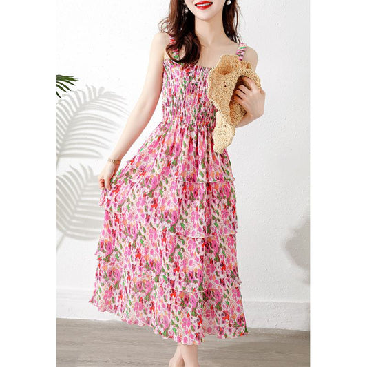 فستان وردي فاخر خفيف مزخرف بتصميم زهور متعدد الطبقات للعطلات