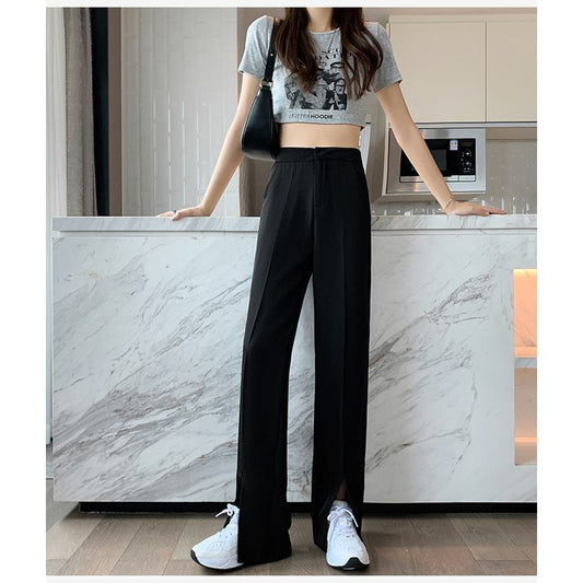 Floor-Length Casual Slimming Plus Split High-Waisted Pants
