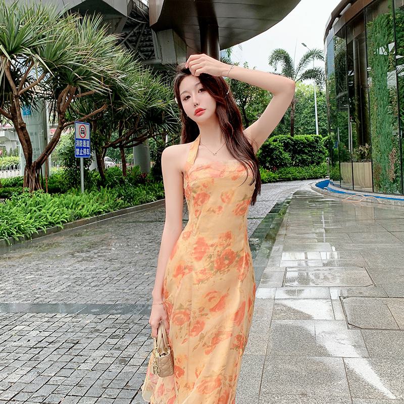 Chiffon Beach Vacation Retro Niche Halter French Style Backless Dress