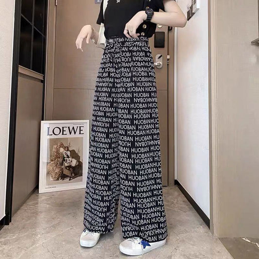 Print Retro Letter Thin High-Waisted Straight Niche Draping Pants