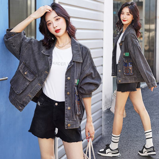 Versatile Casual Worn-Out Look Plus Loose Fit Label Washed Out Denim Jacket