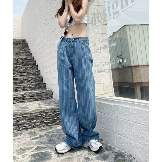 Floor-Length Pleated Loose Fit Straight Stripe High-Waisted Wide-Leg Jeans