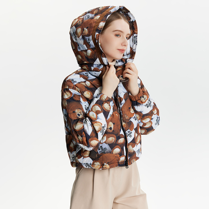 Kapuzen-Cropped-Teddy-Print-Daunenjacke mit dicker Fütterung