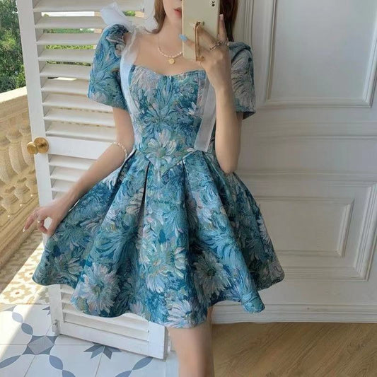Niche Cinched Waist Floral Print Fluffy Skirt French Style Bubble Sleeve Dress