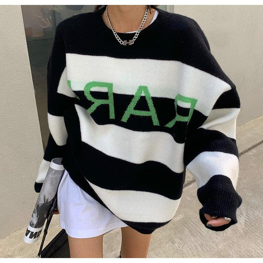 Stripe Pullover Straight Round Neck Letter Patchwork Loose Fit Slimming Knit Top