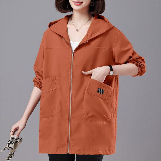 Casual Loose Fit Thigh-Length Hooded Windbreaker
