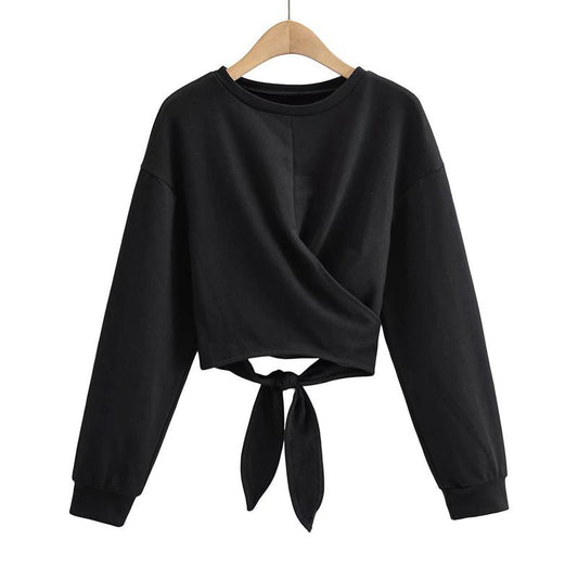 Tie Crossed Hip-Hop All Cotton Bow Tie Round Neck Long Sleeve Tee