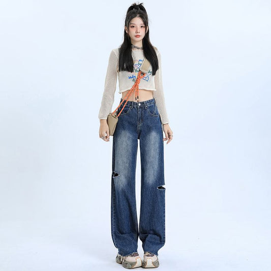 Loose-Fit Distressed Versatile Street-Style Straight-Leg High-Waisted Jeans