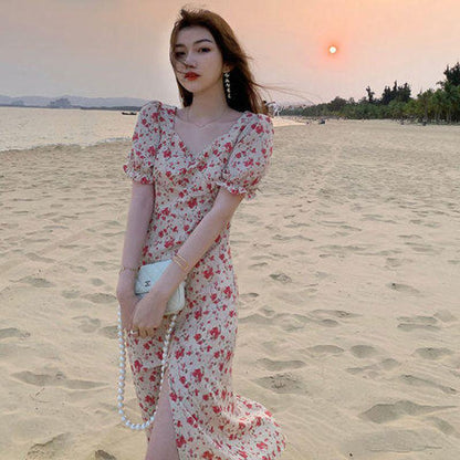 Retro Beach Cinched Waist Split Petite Floral Print French Style Dress