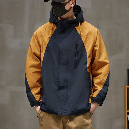 Patchwork Stain-Resistant Workwear Style Full Zip Raincoat Hooded Jacket
