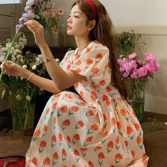 Französisch Inspiriertes Blumendruck Retro Frisches Einfaches Jugendliches Kleid