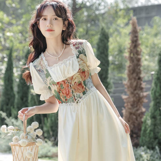 Vestido Retro de Estilo Francés con Estampado Floral Adelgazante