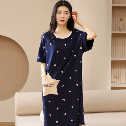 Vestido de sala de estar de algodón puro tejido ajustado de colores contrastantes azul con estrellas