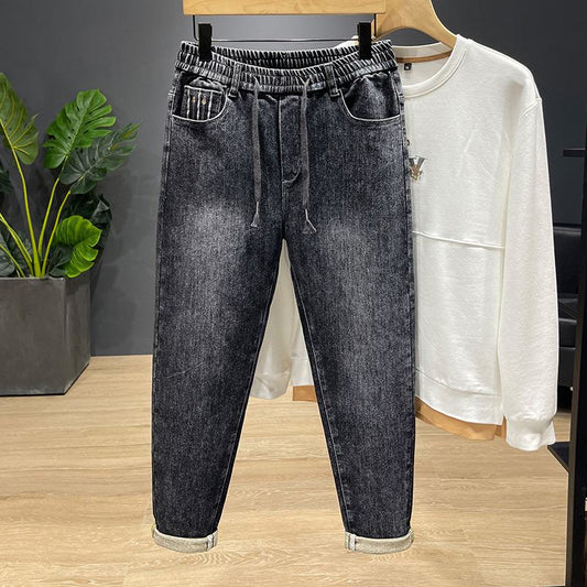 Chic Straight Versatile Elasticity Elastic Waist Washed Out Jeans