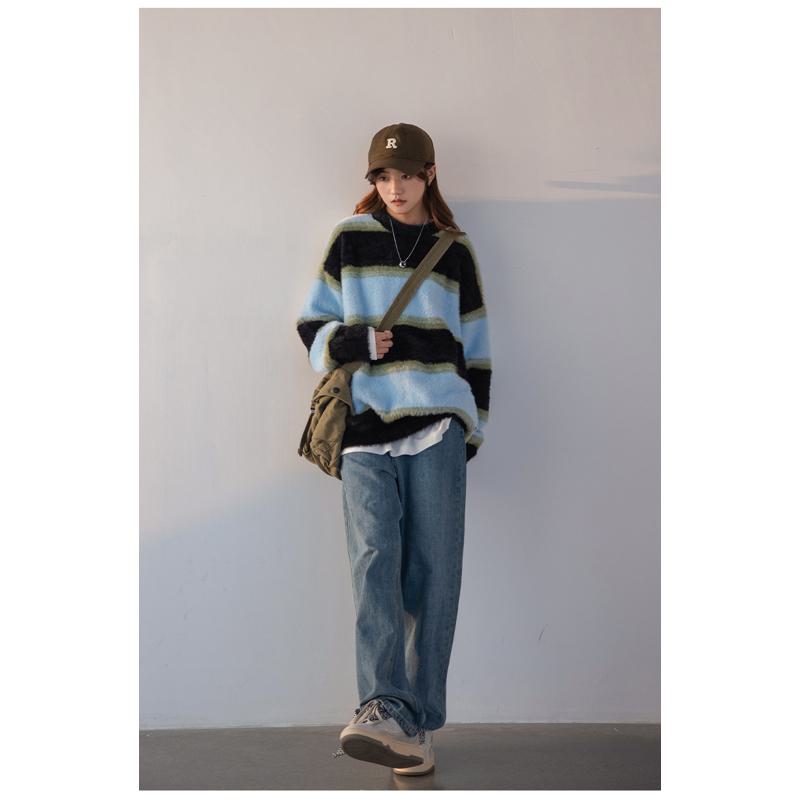 Stripe Alpaca Wool Thickened Knitted Loose Fit Lazy Sweater