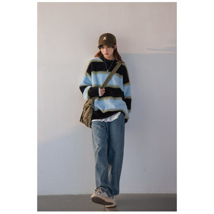 Stripe Alpaca Wool Thickened Knitted Loose Fit Lazy Sweater