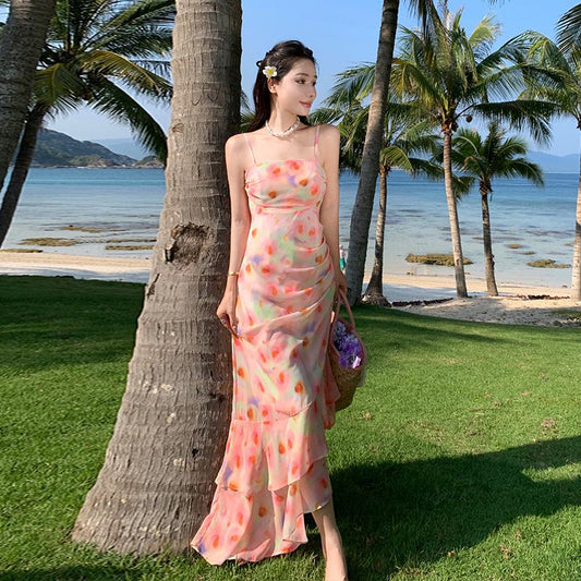 Ruffle Hem Cami Cinched Waist Irregular Print Pink Multi-Layer Dress