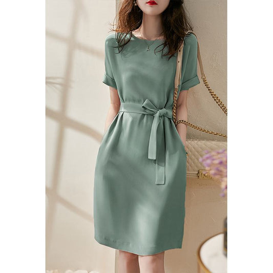 Slimming Solid Belted Chic French Style Dress