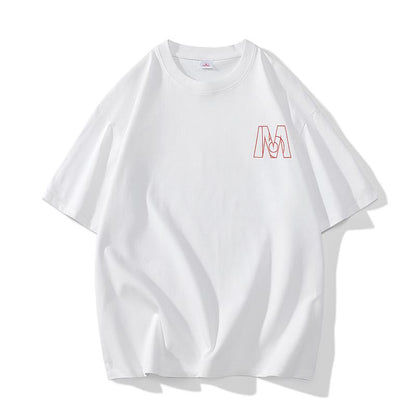 Camiseta de manga corta de algodón puro, suelta, estampada y de cuello redondo a la altura de la mitad del cuerpo.