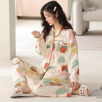 Button Front Tightly Woven Pure Cotton Fruit Collar Pj Set