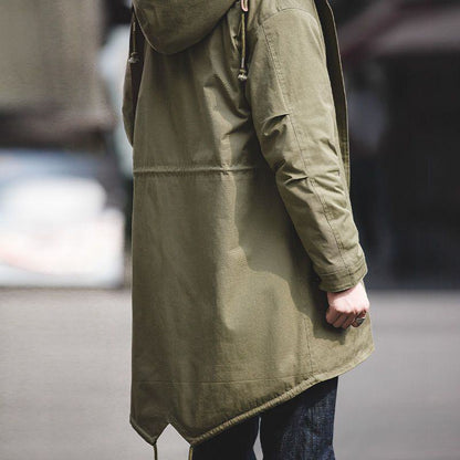 Fish Tail Thigh-Length Hooded Trench Coat